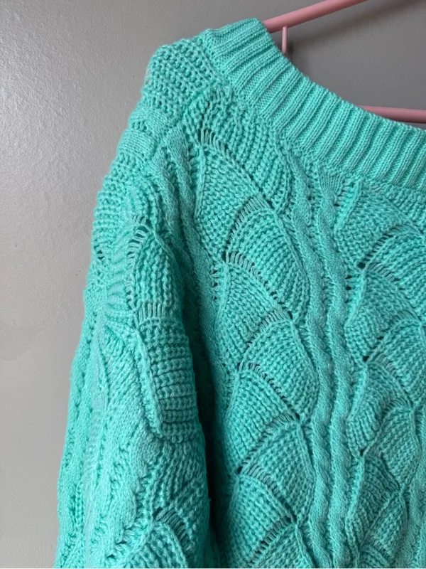 Mint Green Cable Knit V-Neck Sweater Coastal Cottagecore Soft Women’s - Image 7