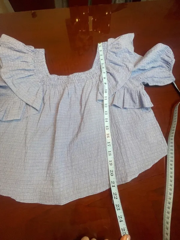 Zara Blue Gingham Ruffle Smocked Blouse XL Cotton Coquette Coastal Picnic Top - Image 7