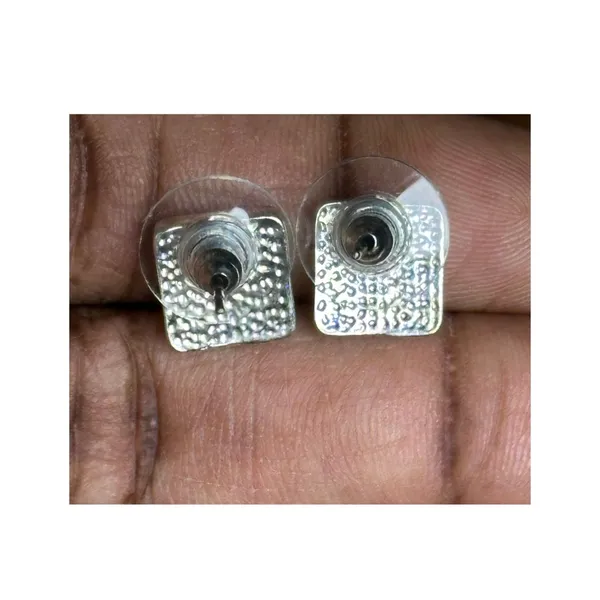 Square Turquoise Tone Stud Earrings Silver Tone Minimalist 8mm - Image 3