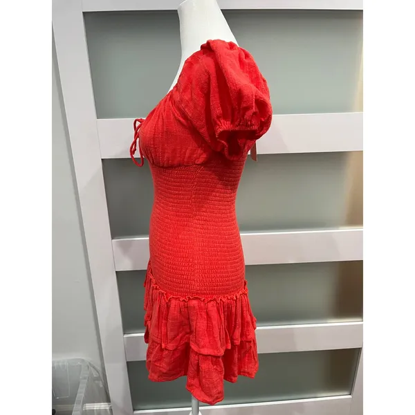 Sky to Moon Red orange Mini Dress Puff‎ Sleeve Tiered Ruffle Small NEW - Image 2