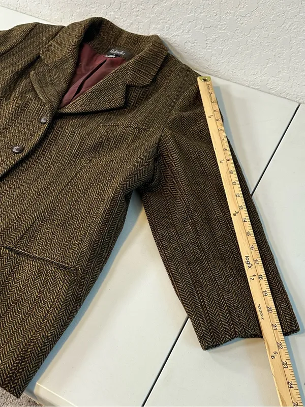 Vintage 2000s Rafaella Women’s Brown Herringbone Tweed Wool Blazer Size 16 - Image 5