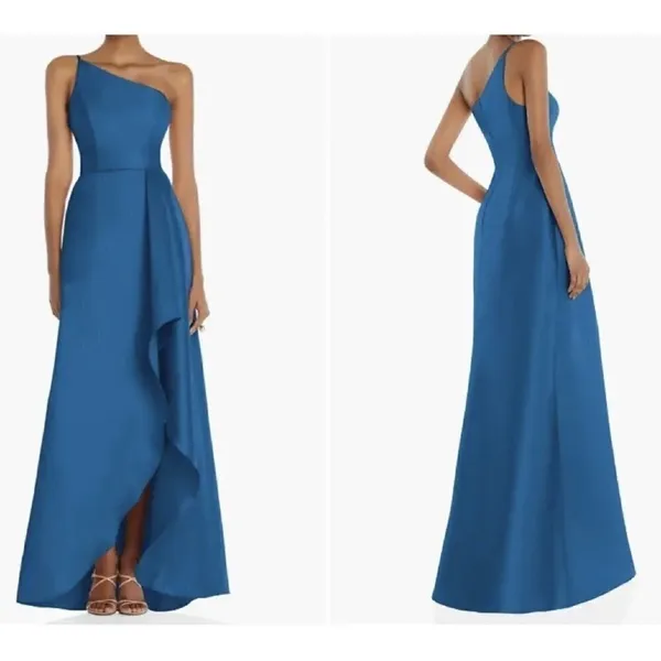 NEW ALFRED SUNG Strapless Satin Classic High Low Hem Dress D831 Blue sz US 2 - Image 2