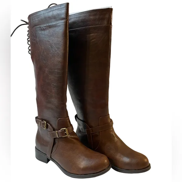 SODA Brown Knee High Faux Leather Rear Lacing Boots NIB - Size 6 - Image 3