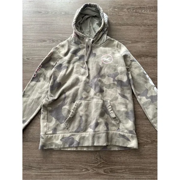 Hollister Womens Pullover Hoodie Small Gray Camo Pink Logo Sleeve Graphic Fleece - Image 3