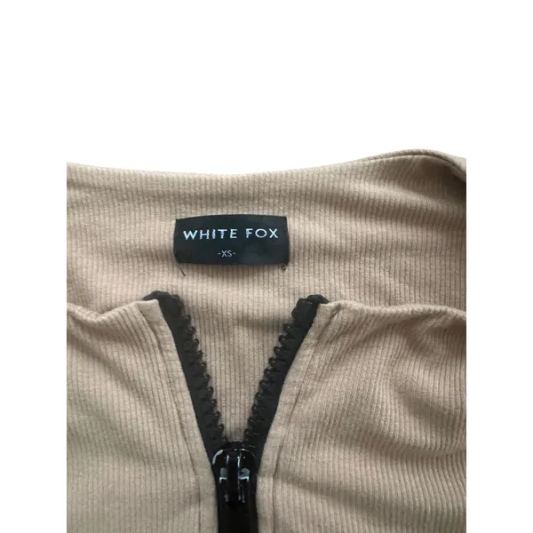 WHITE FOX Ribbed Knit Crop Zip-Up Top‎ XS Tan Y2K Street Style Neutral Aesthetic - Image 3