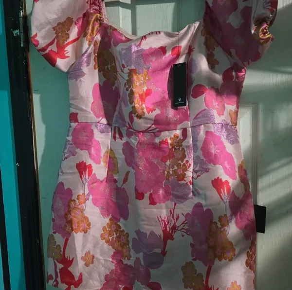 Lulus Light Pink Floral Jacquard Puff Sleeve Mini Dres - Image 2