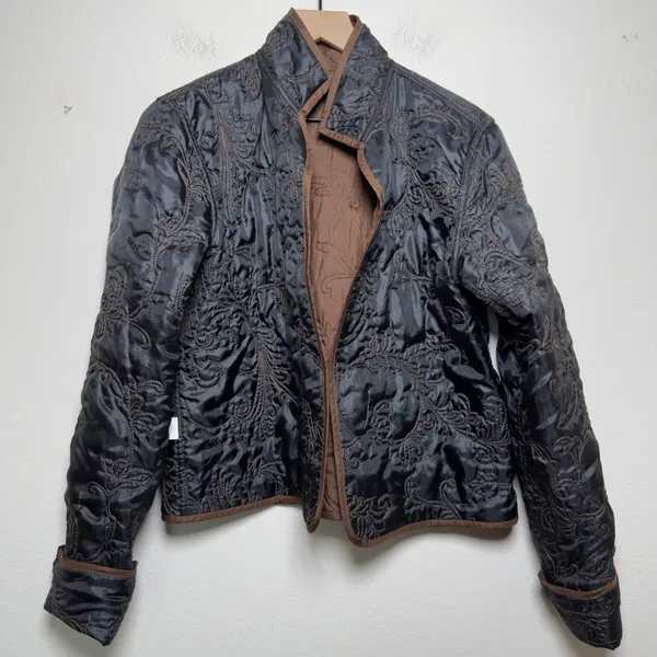 Due Per Due Women 100% SILK Chore Jacket L Brown Reversible Quilted‎ Embroidered - Image 6