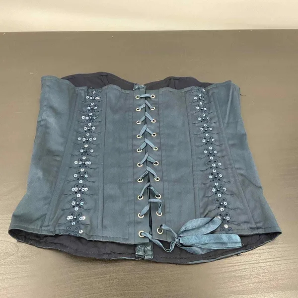 Embroidered Sequin Lace Up Corset Top Charcoal Grey Floral Boned Bodice Large‎ - Image 2