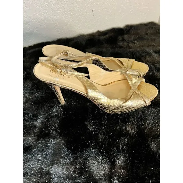 Kate Spade "Genna" Tan/Gold Snake Print Leather Peep Toe Sandals 10 - Image 2