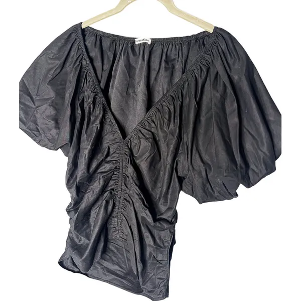 Reformation Sonny Puff Sleeve Top Size 10 Black Short Sleeve Ruched‎ Blouse - Image 5