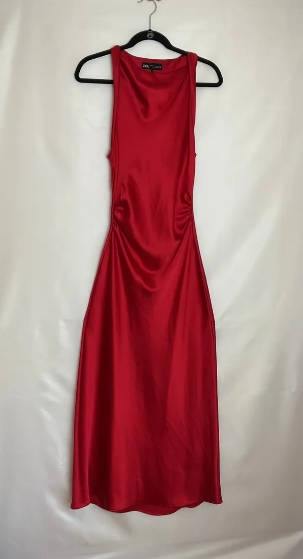 Zara Red Satin Maxi Dress XS Draped Neck Ruched Waist Sleeveless Evening Gown - Image 2
