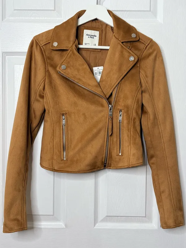 Abercrombie & Fitch Faux Suede Moto Jacket Camel Brown Biker Cropped Y2K Size XS - Image 2