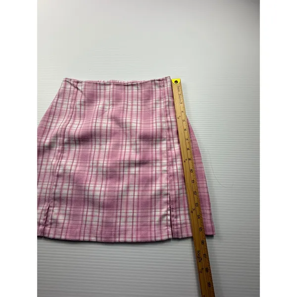 Brandy Melville Pink White Plaid Mini Skirt High Waisted Side‎ Slits Size XS S - Image 2