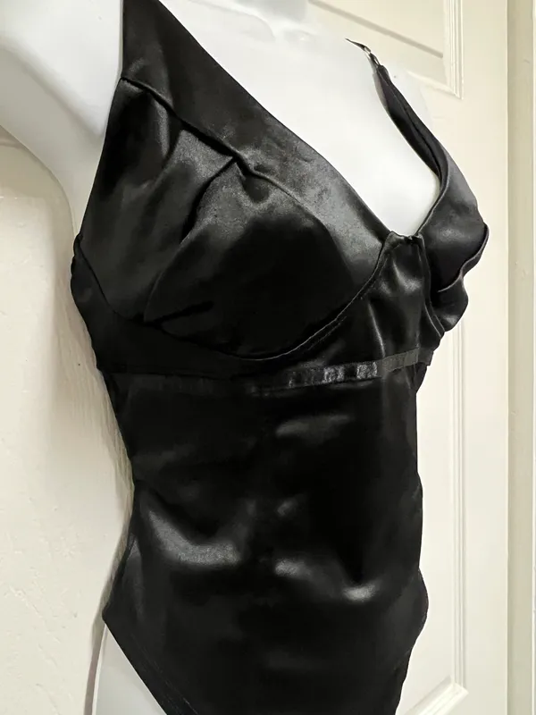 MNDSUDHG Black Satin Backless V-Neck Bodysuit - Image 5