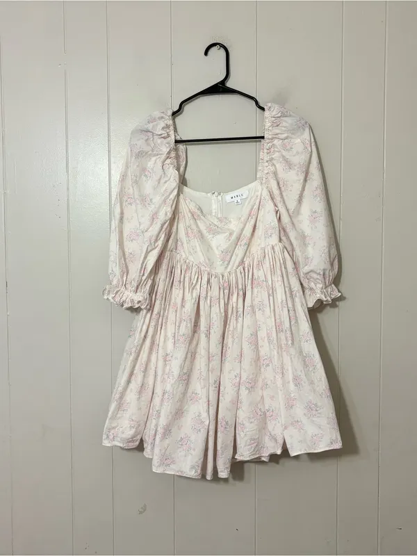 Mabel Floral Puff Sleeve Square Neck Mini Dress White Pink Cottagecore S - Image 2