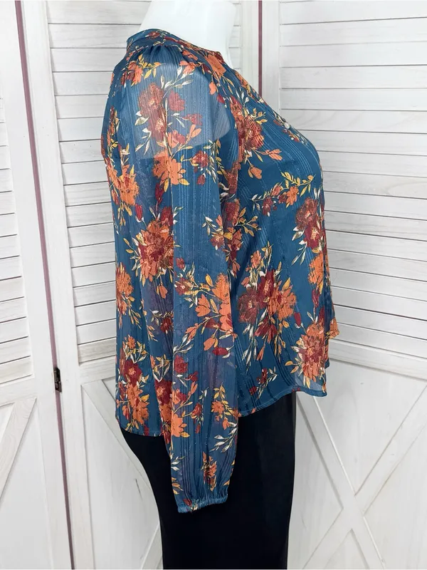 Frye Floral Metallic Jacquard Sheer Blouse Teal Blue Burnt Orange Large Boho - Image 3
