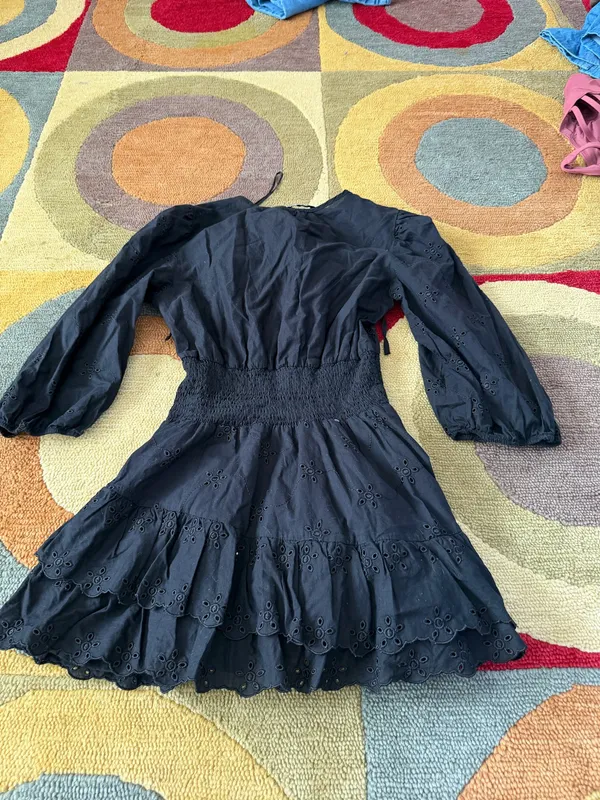 Zara Women Black Very Mini Short 3/4 Sleeve Ruffle Dress Eyelet Women’s Medium - Image 4