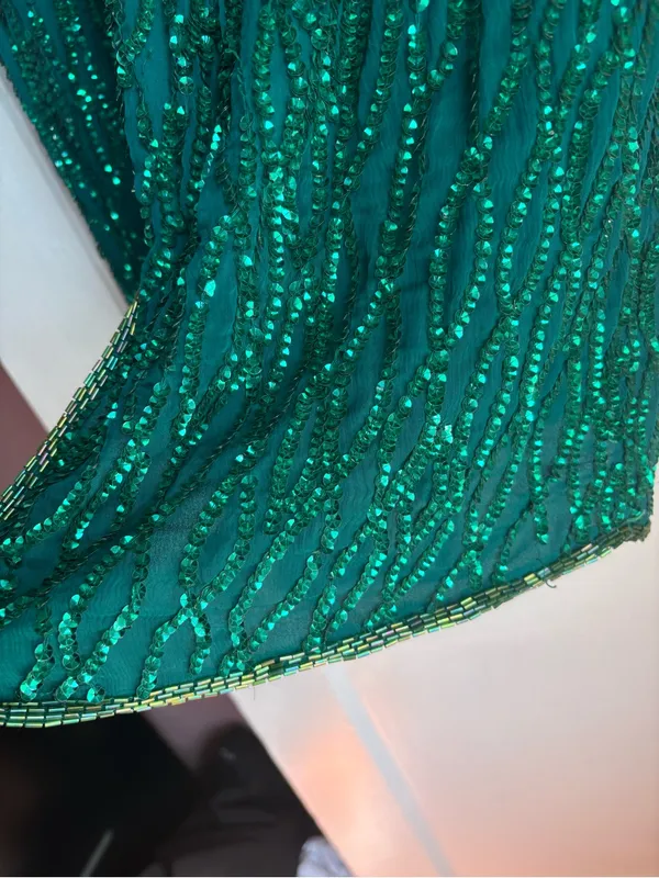 Vintage Laurence Kazar Emerald Green Silk Beaded Sequin Cocktail Dress Large - Image 7