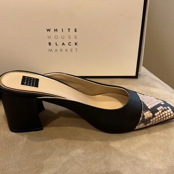 Brand New Hallie Cap toe mules shoes, black and snake skin look on tip Size 10 - Image 6