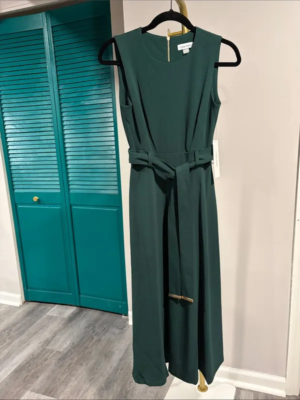 Calvin Klein NWT Sleeveless Belted Fit & Flare Midi Dress in Malachite Green - Image 5