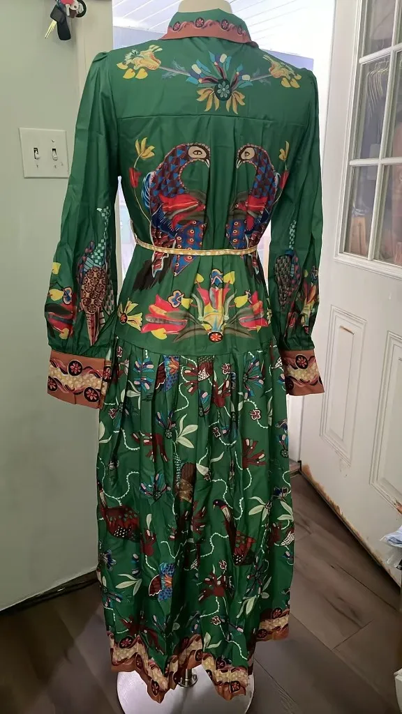Women Dress A-Line Retro Printed Lantern Sleeve Long Dress with Belt small - Image 4