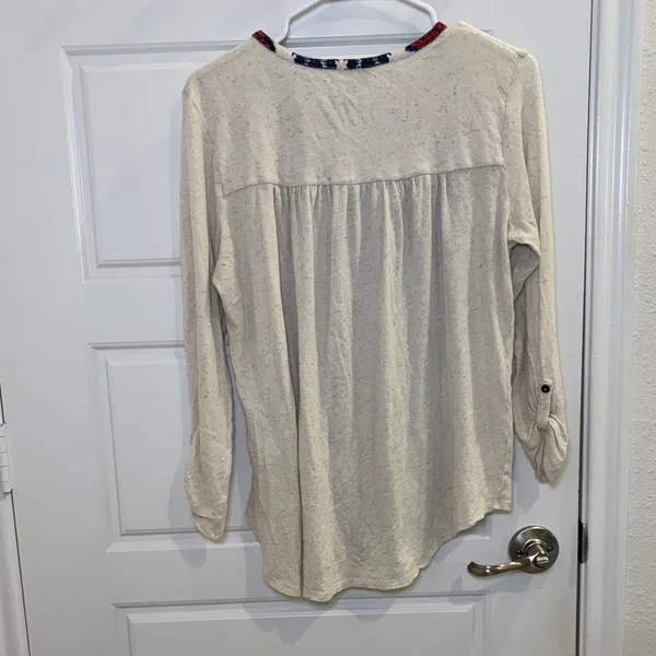 Lucky Brand Boho Embroidered Henley Top Cream Blue Red Size L - Image 3