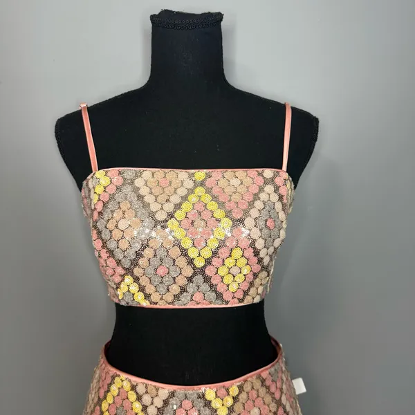 NWT CAROLINE CONSTAS Sequin Crop Top & Skirt Set Pink Size 2 - Image 2