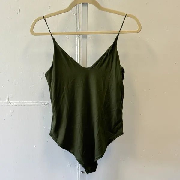 Gaze Olive Green V-Neck Spaghetti Strap Bodysuit Small T42668 Soft Stretch - Image 2
