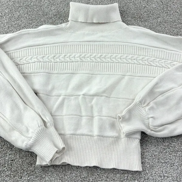 Guess Cream‎ Knit Turtleneck Sweater Balloon Sleeve Cable Knit Casual Retro VTG - Image 2