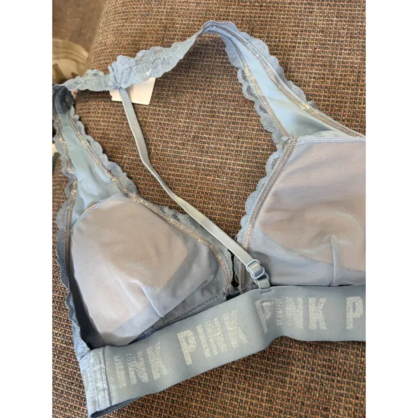 Victorias Secret PINK Light‎ Blue Floral Lace Racerback Bralette Logo Band Small - Image 2