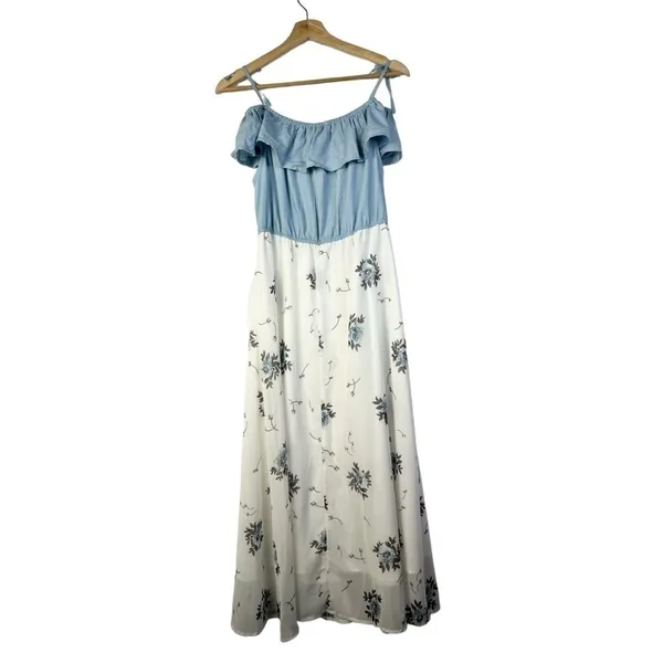 Boutique Blue Chambray Ruffle Cold‎ Shoulder Floral Maxi Dress L - Image 2