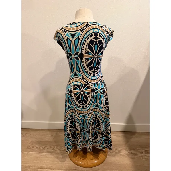 Focus Studio Geometric Kaleidoscope Print Ruched Side Cap Sleeve Dress Blue 6 - Image 2