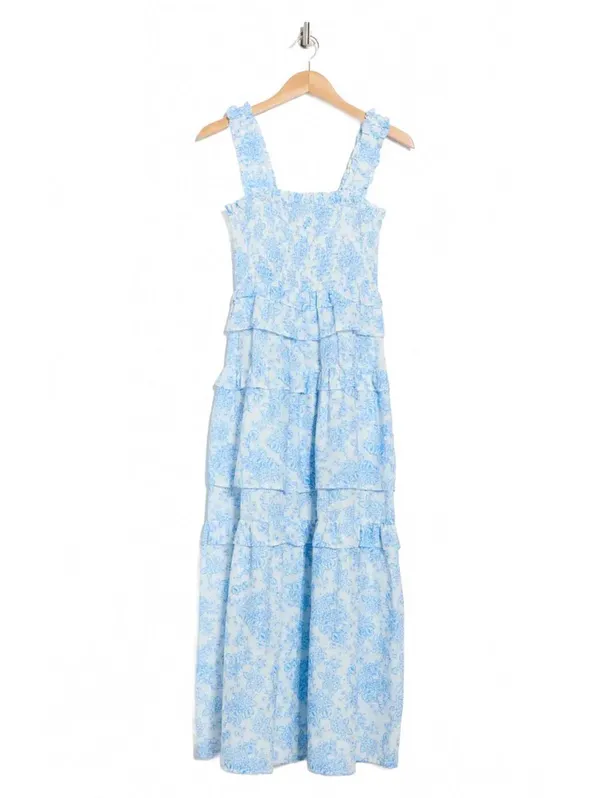 Maisie 100% Cotton Floral Smocked Ruffle Cotton Maxi Dress NWT Blue White XS - Image 3