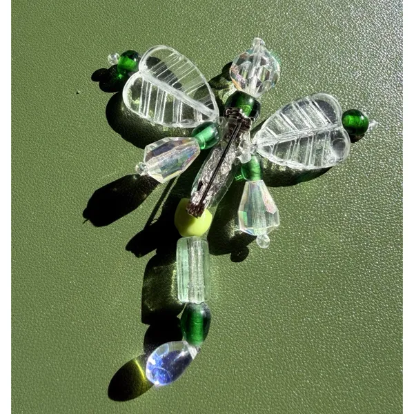 Vintage Beaded Dragonfly Brooch Green Clear Crystal Glass Pin 2.5” - Image 3