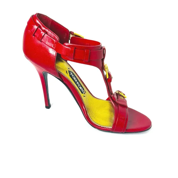 Tom Ford Red Leather Buckle T Strap High Heel Sandals EU 37.5 - Image 3