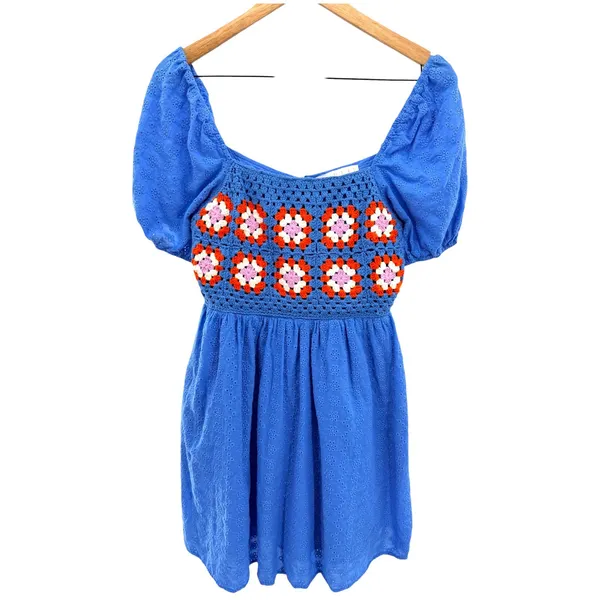 Karlie Blue Cotton Eyelet Crochet Granny Square Puff Sleeve Mini Dress S Cottage - Image 2