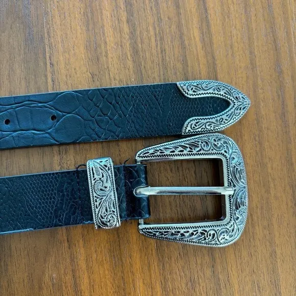 Western Black Faux Leather Belt Ornate Silver Buckle Soft Crocodile Texture - Image 3