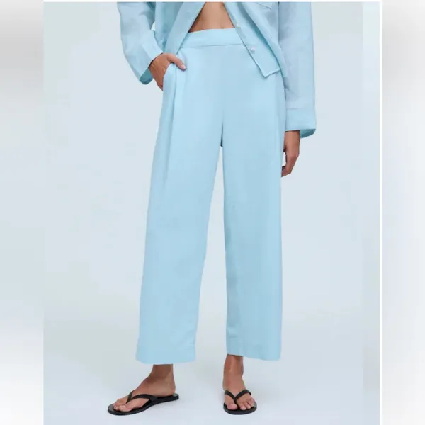 Madewell Pull-On Wide Straight Leg Crop Linen Pants‎ in Blue Heron Size 8 - Image 2