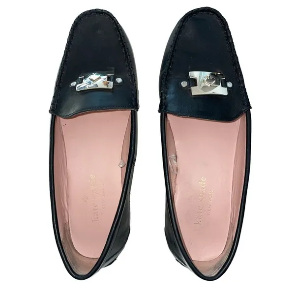 Kate Spade Black Carmen Leather Driving Loafers with Silver Spade Hardware 7B - Image 3