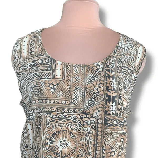 Vintage Black Brown Earth Tone Geometric Sleeveless Tie Back Midi Dress‎ XL Boho - Image 2