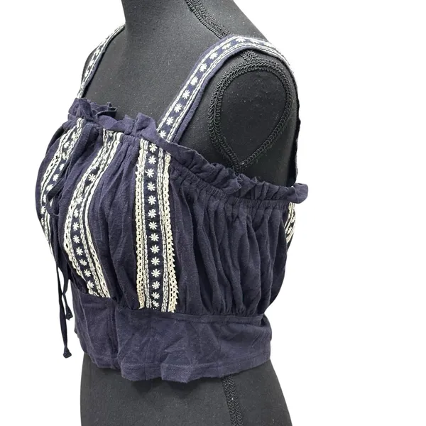 Free People Hill Top Crop Tank Size Large Blue Embroidered Boho Festival - Image 4