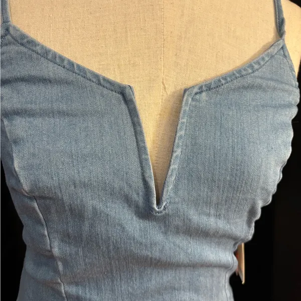 Mele E Pere Denim Mini Dress Light Wash Notched V-Neck Bodycon‎ Blue Womens M - Image 5