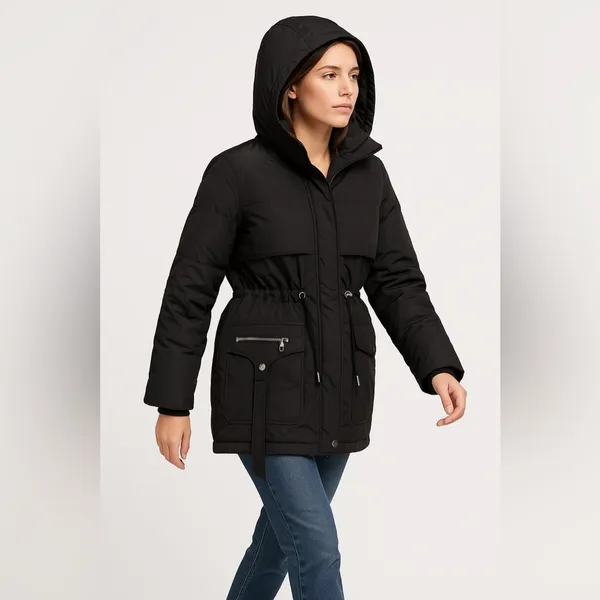 NEW with tags - Black Puffer Parka w/ Detachable Faux Fur Lining + Cinch Waist - Image 5