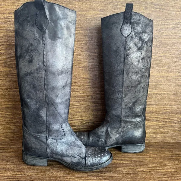 Paola Ferri Grey Black Distressed Suede Studded Moto Motorcycle‎ Boots 39 - Image 2