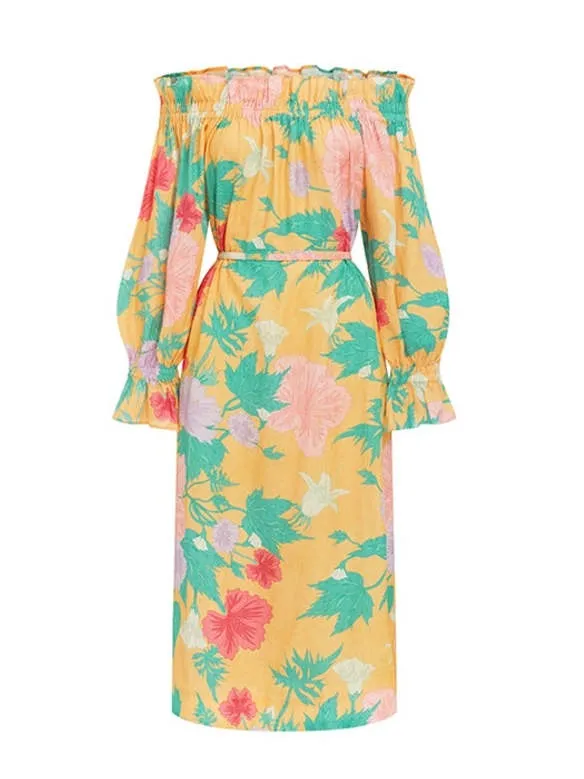 Ephemera Spalla Negroni Linen Floral Off-Shoulder Maxi Dress Long Sleeve XS/S - Image 2