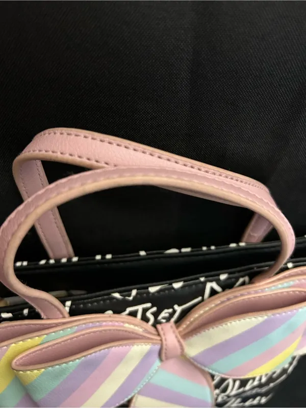 Betsey Johnson Graffiti Print Black Shoulder Bag With Pastel Striped Bow - Image 8