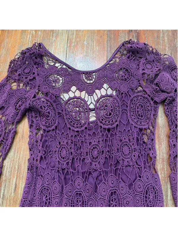 Free People Purple Crochet Lace Mini Dress Double Tie Back Tassel Bell Sleeve Sm - Image 2