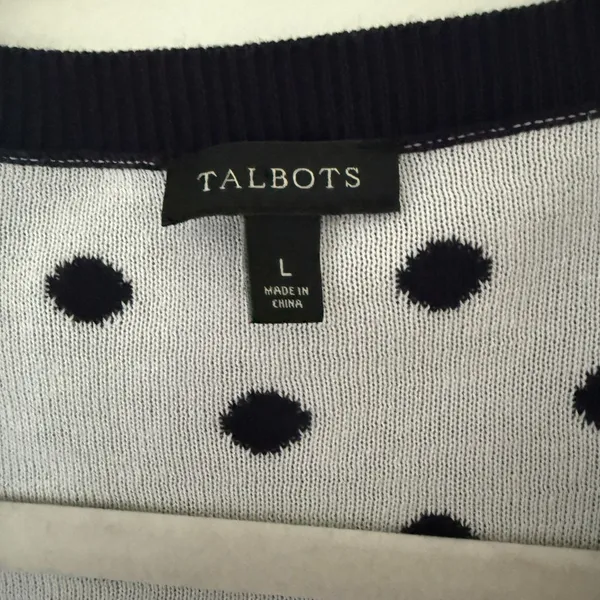 Talbots Button Front 3/4 Sleeve Navy Polka Dot Cotton Blend Cardigan Sweater L - Image 3