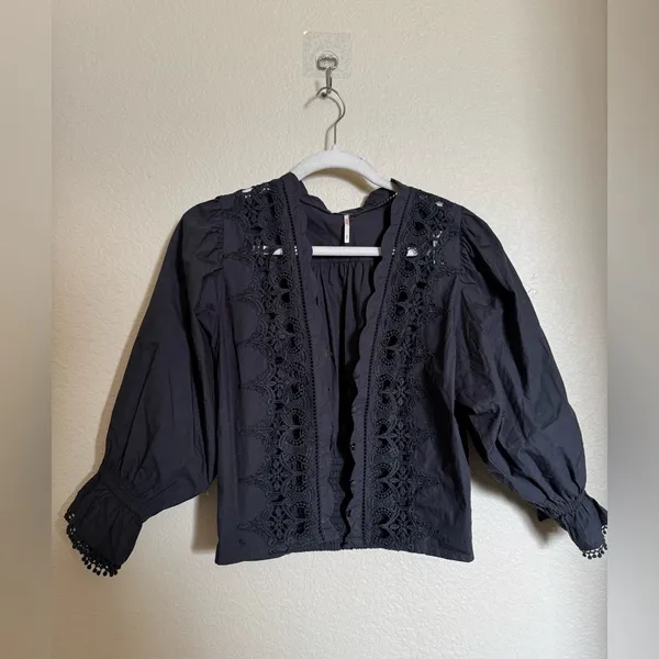 Free people louella embroidered lace blouse top sz small black‎ whimsigoth - Image 3