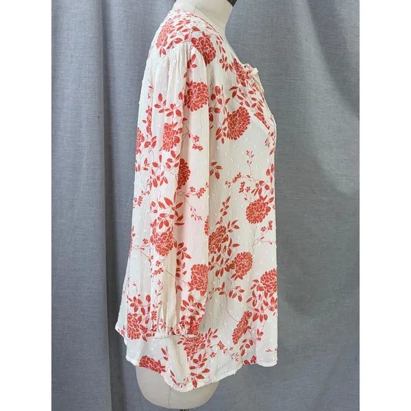 Paper Moon Orange Floral Swiss Dot Tie‎ Neck Blouse Womens Large Boho Romantic - Image 5